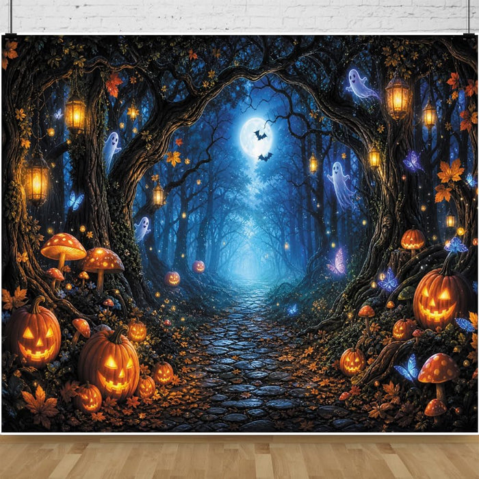 Leowefowa Halloween Enchanted Forest Backdrop 10x8ft Cute Ghost Glowing Lantern Evil Pumpkin Butterfly Photography Background for Halloween Party Magic Mushroome Photo Booth Props Vinyl