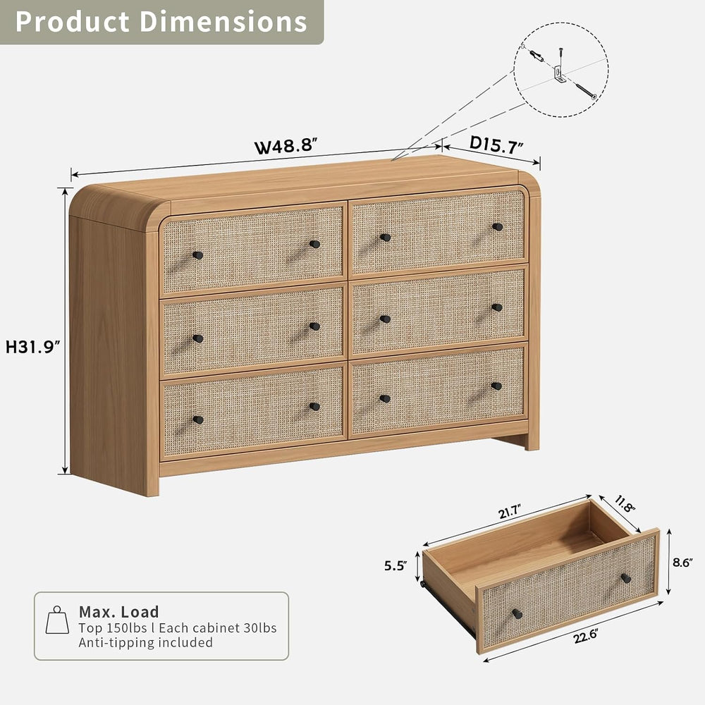 6 Drawer Dresser, 49'' Rattan Dresser