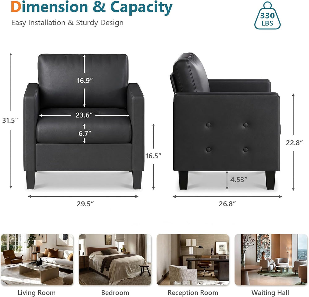 STHOUYN Black Comfy Accent Chair, Faux Leather Living Room Chair