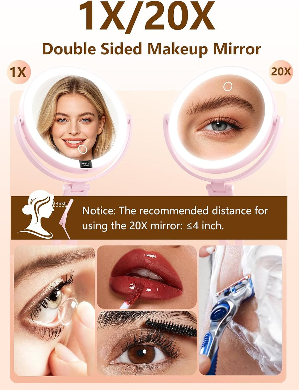 Gospire Foldable Travel Makeup Mirror with Lights, 1X/20X Magnification