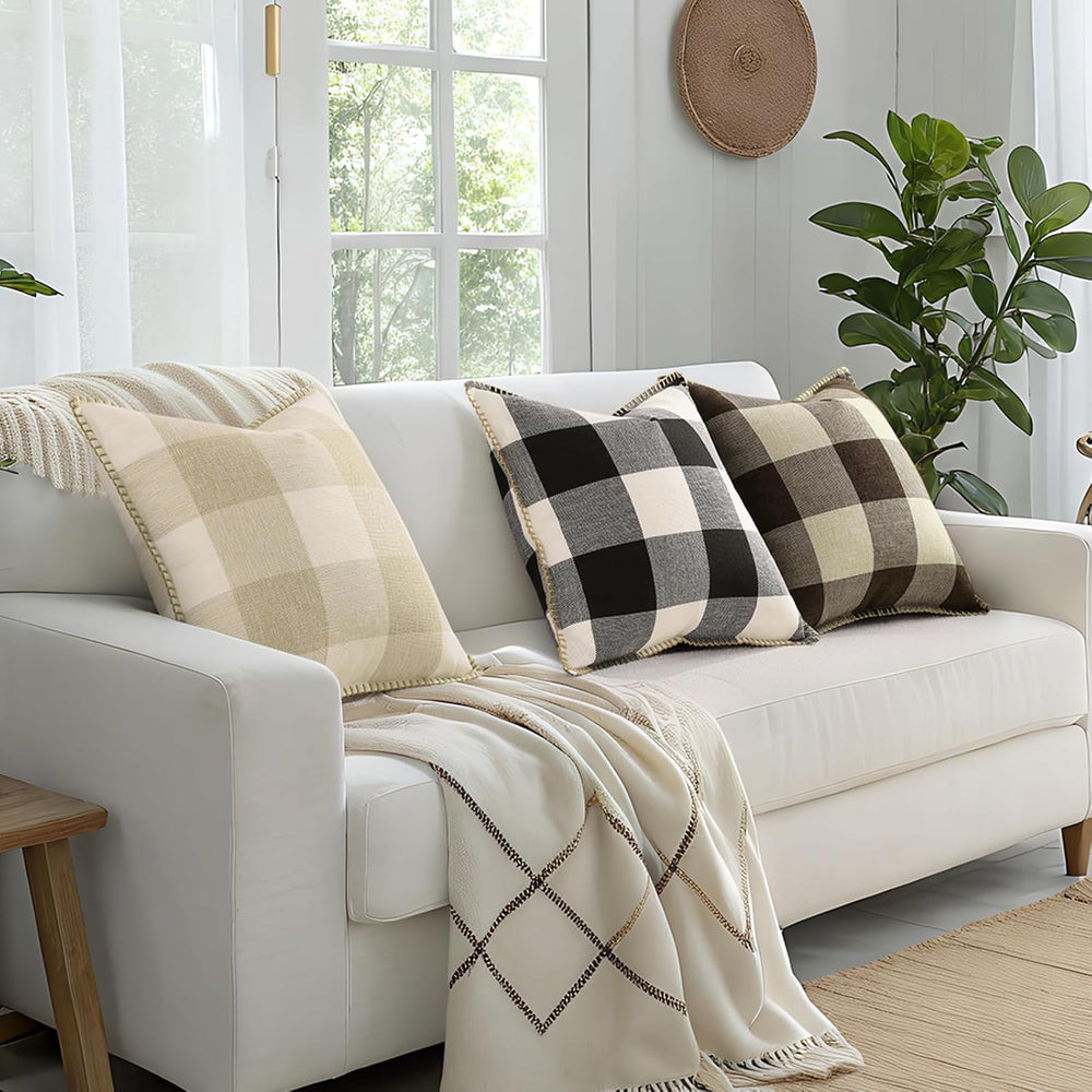 decorUhome Fall Plaid Linen Throw Pillow Covers 26x26 Set of 2 Brown Beige