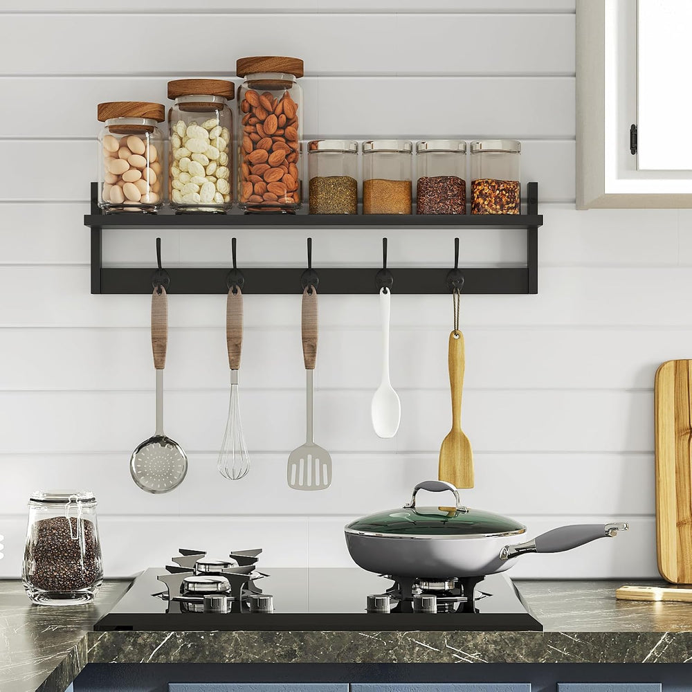 BAMEOS Wall-Mounted Shelf with Hooks - 28.9 Inch Entryway Hanging Shelf with ...