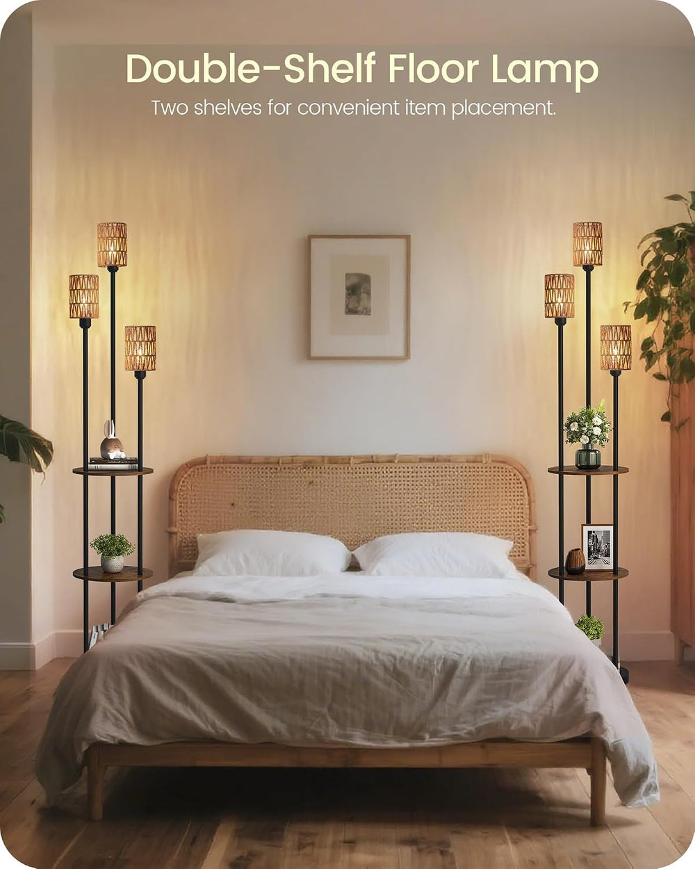 Floor Lamp with Shelves, Boho Floor Lamp with Foot Switch, 3-Light Standing L...