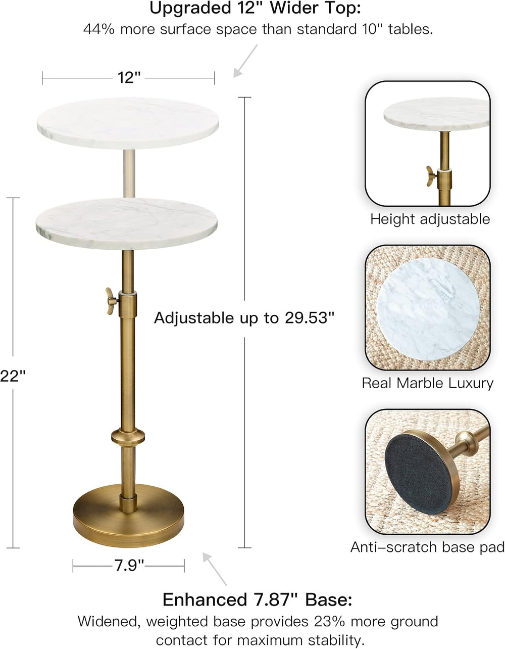Adjustable 12" White Marble Drink Table with 2 Coasters, Antique Brass