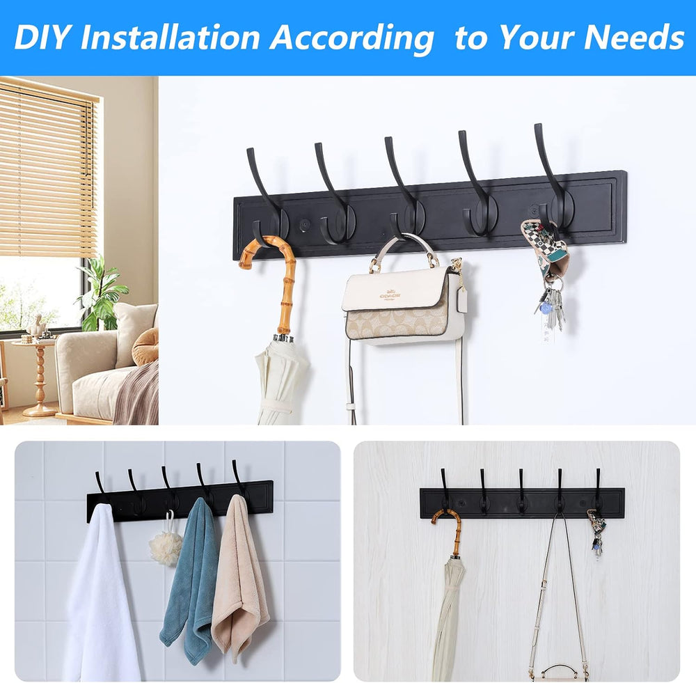 Wall Mounted Coat Rack, 27 Inch MDF Board with 5 Double Hooks, Black