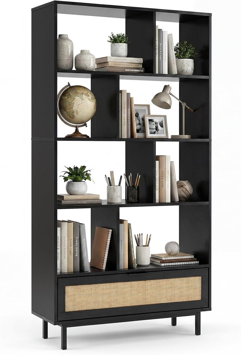 GIANTEX 64" Tall Bookshelf with Rattan Drawer, 6-Tier Wood Bookcase with...