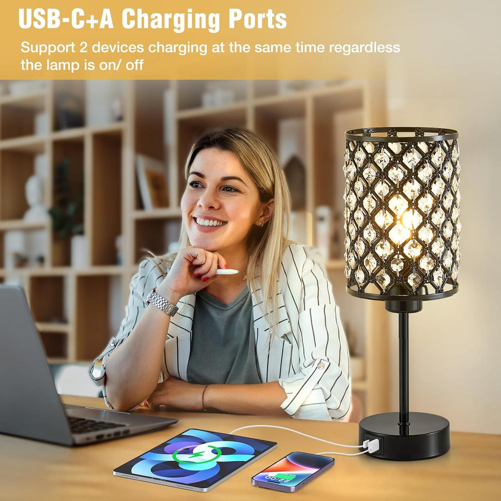Crystal Table Lamp, Black Touch Lamp with USB C+A Port, 3-Way Dimmable