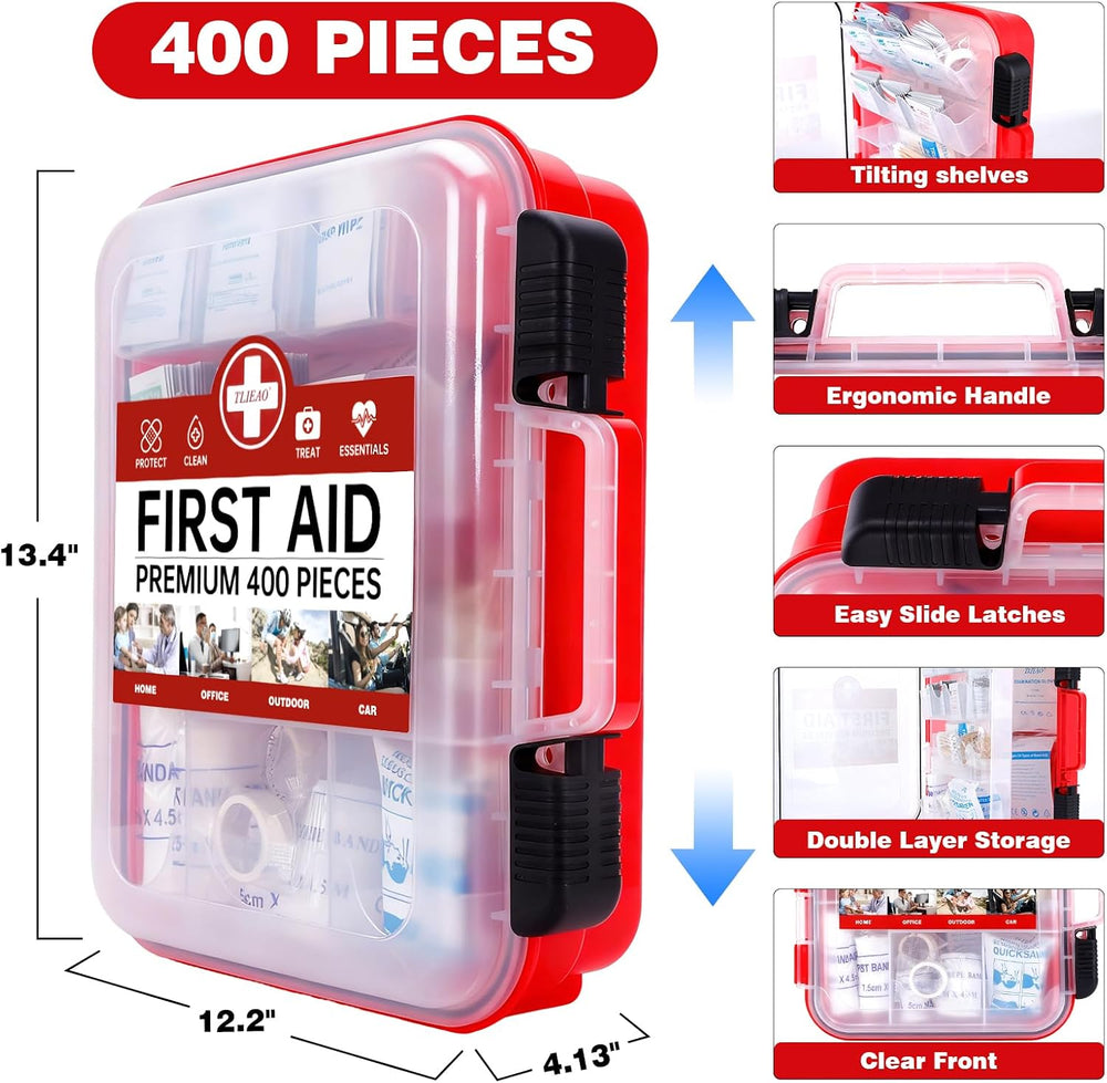 400 Pieces All-Purpose First Aid Kit, Organized Dual-Layer Wall