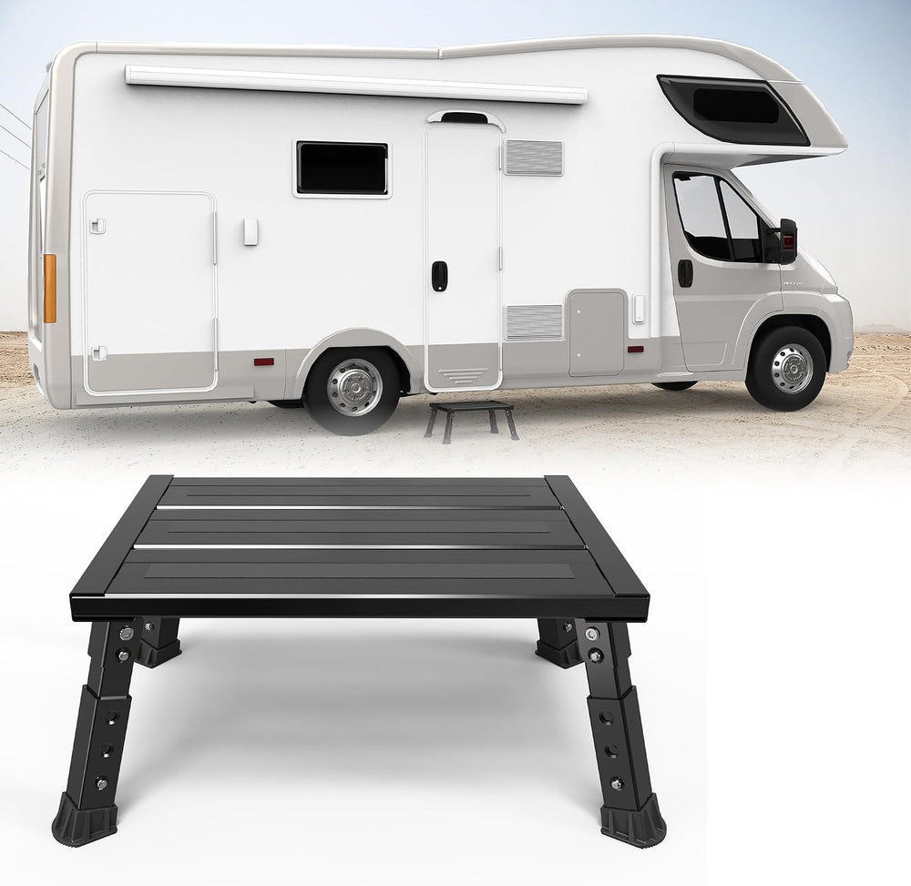 Adjustable RV Step Stool, Wide Platform, Foldable Legs, Black