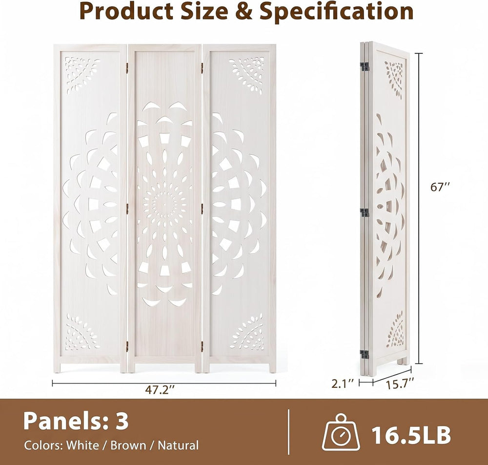 3 Panel Room dividers, 66.9" Boho Double-Sided Carved Screen, White