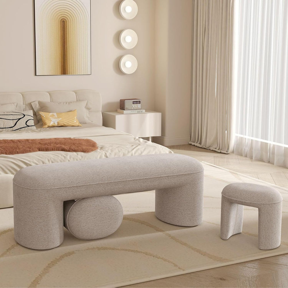 53" Chenille Ottoman Bench with 2 Nesting Ottomans, Oatmeal