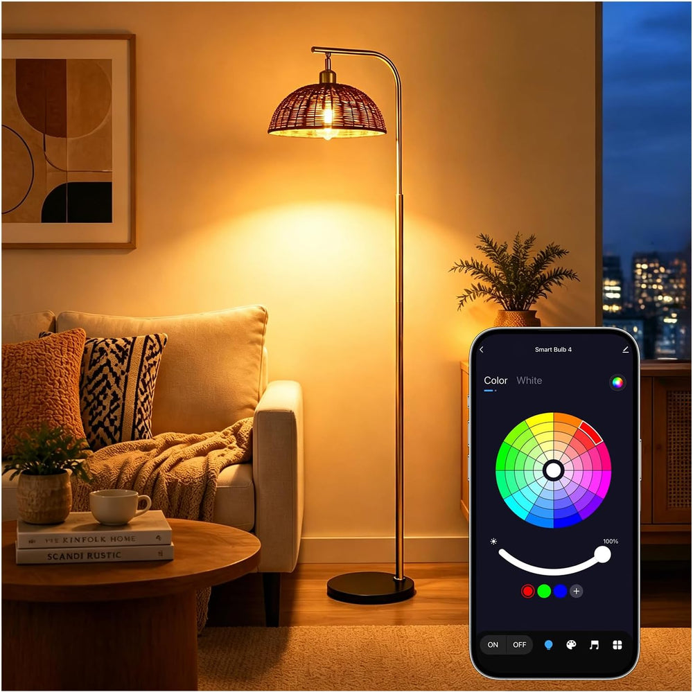 Rattan Floor Lamp 65 Inch with Smart Dimmable Bulb Boho Standing Lamp