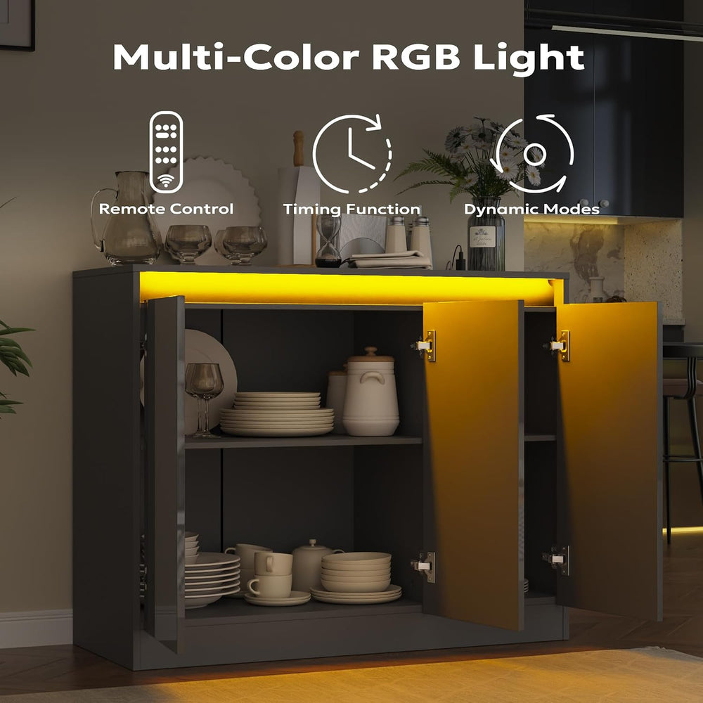 Furnify High Gloss Buffet Cabinet with LED Lights & Charging Station, Grey