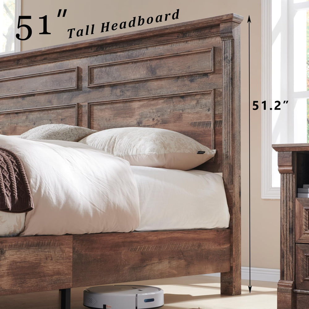 Aitjunz Farmhouse King Size Bed Frame w/51 Tall Headboard, Light Brown
