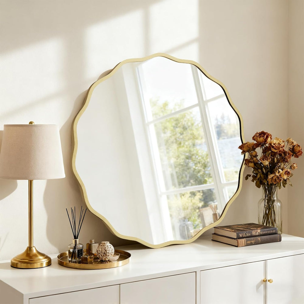 HOMECOOKIN 28" Wavy Round Wall Mirror, Gold Scalloped Circle Mirror Edge...