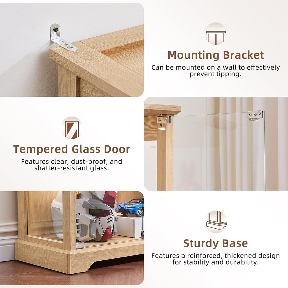 LELELINKY Farmhouse Glass Display Cabinet with Lock, Natural Wood