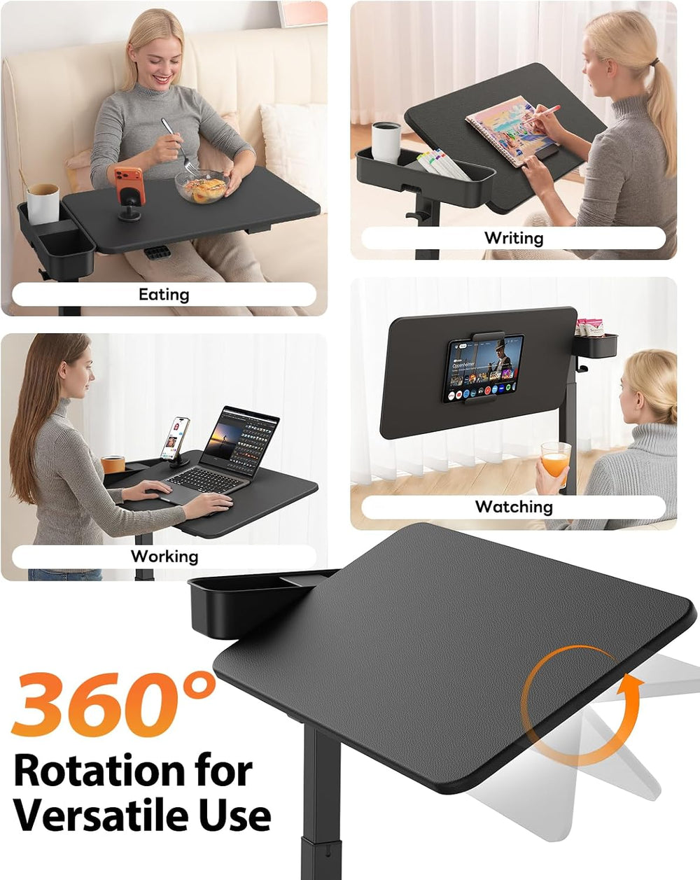 SAIJI Magnetic Height and 360° Angle Adjustable Overbed Bedside Table Tray