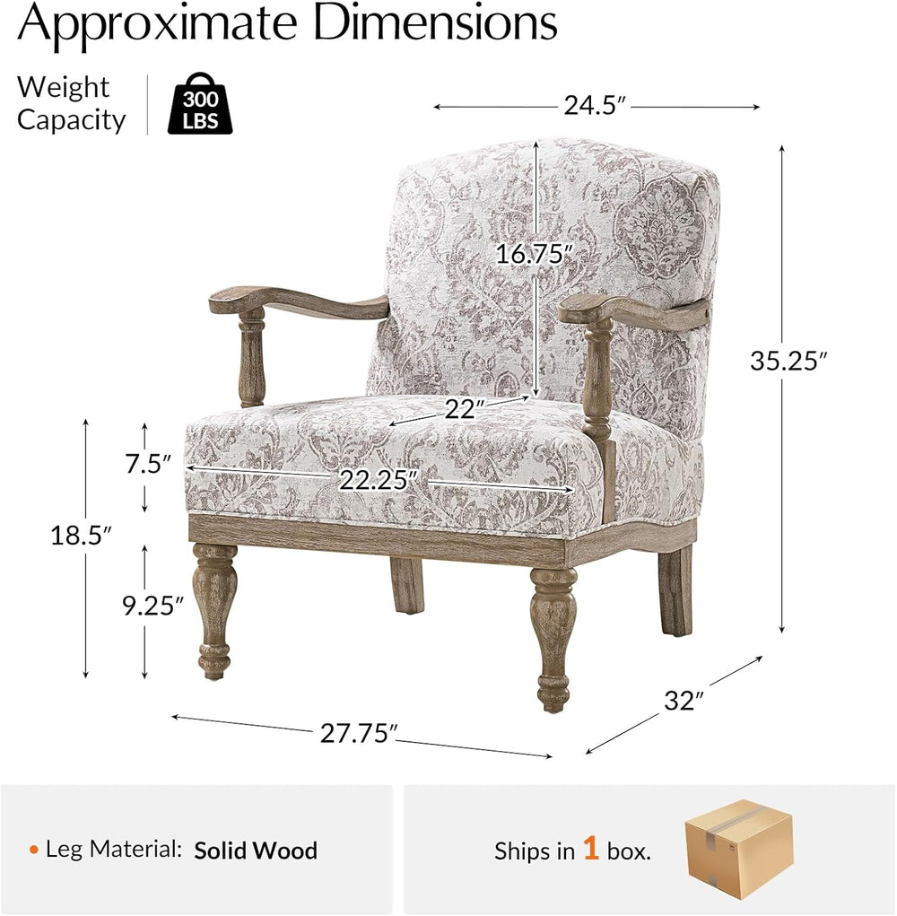 HULALA HOME Floral Accent Chair with Solid Wood Frame, Beige
