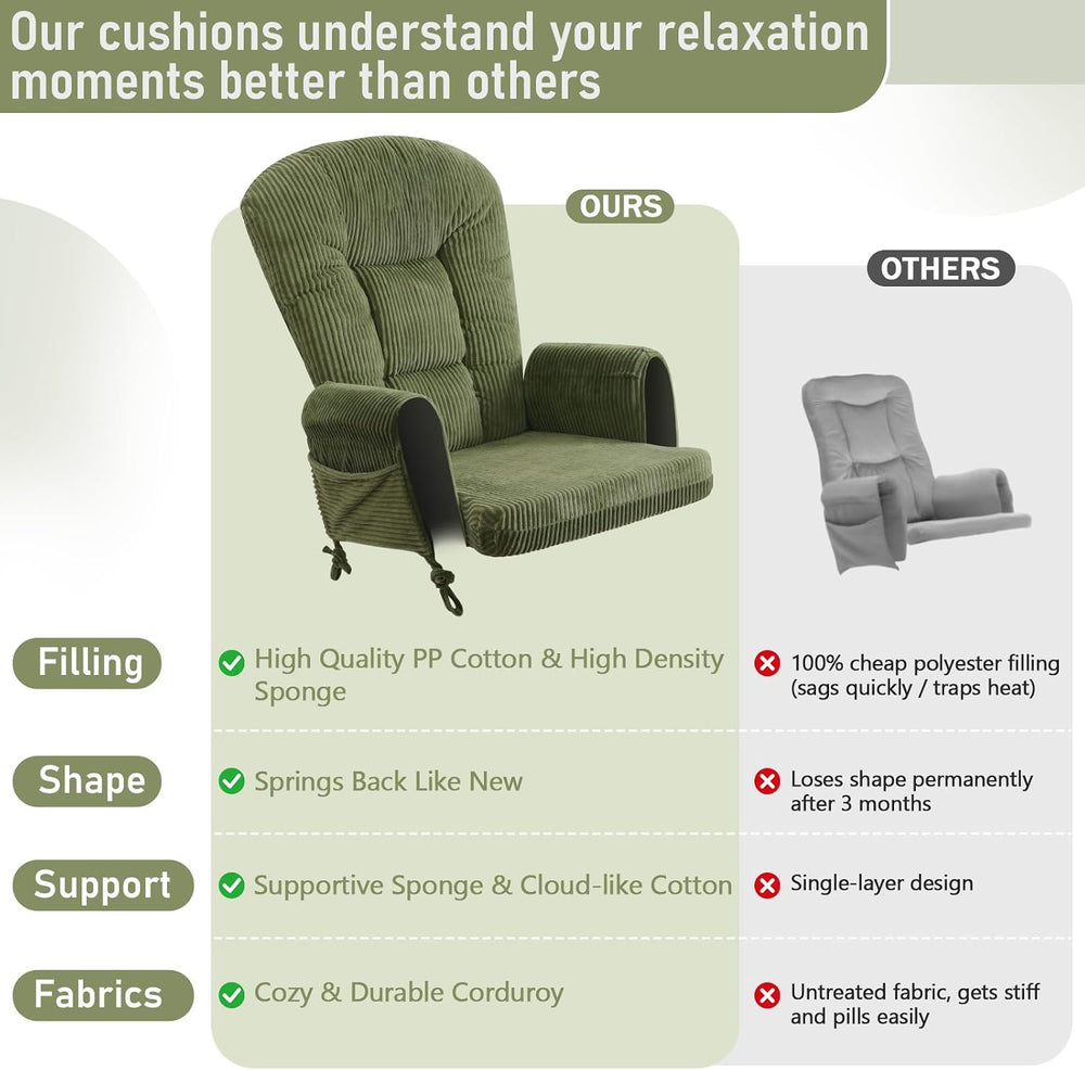 5PCS Glider Rocker Replacement Cushions with Storage Side Pockets, Green