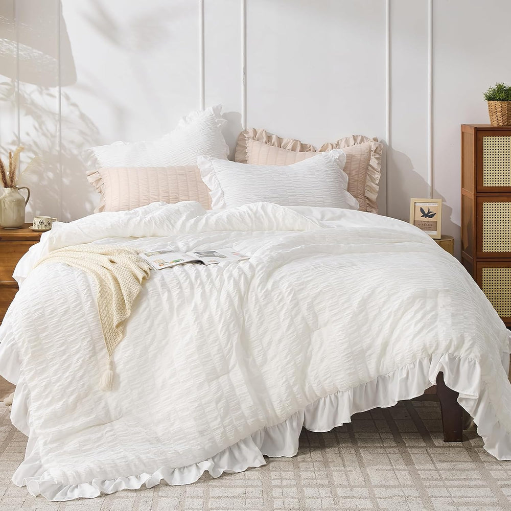 JOLLYVOGUE White Comforter Full Size, 3 Pieces Seersucker Lightweight Full Si...