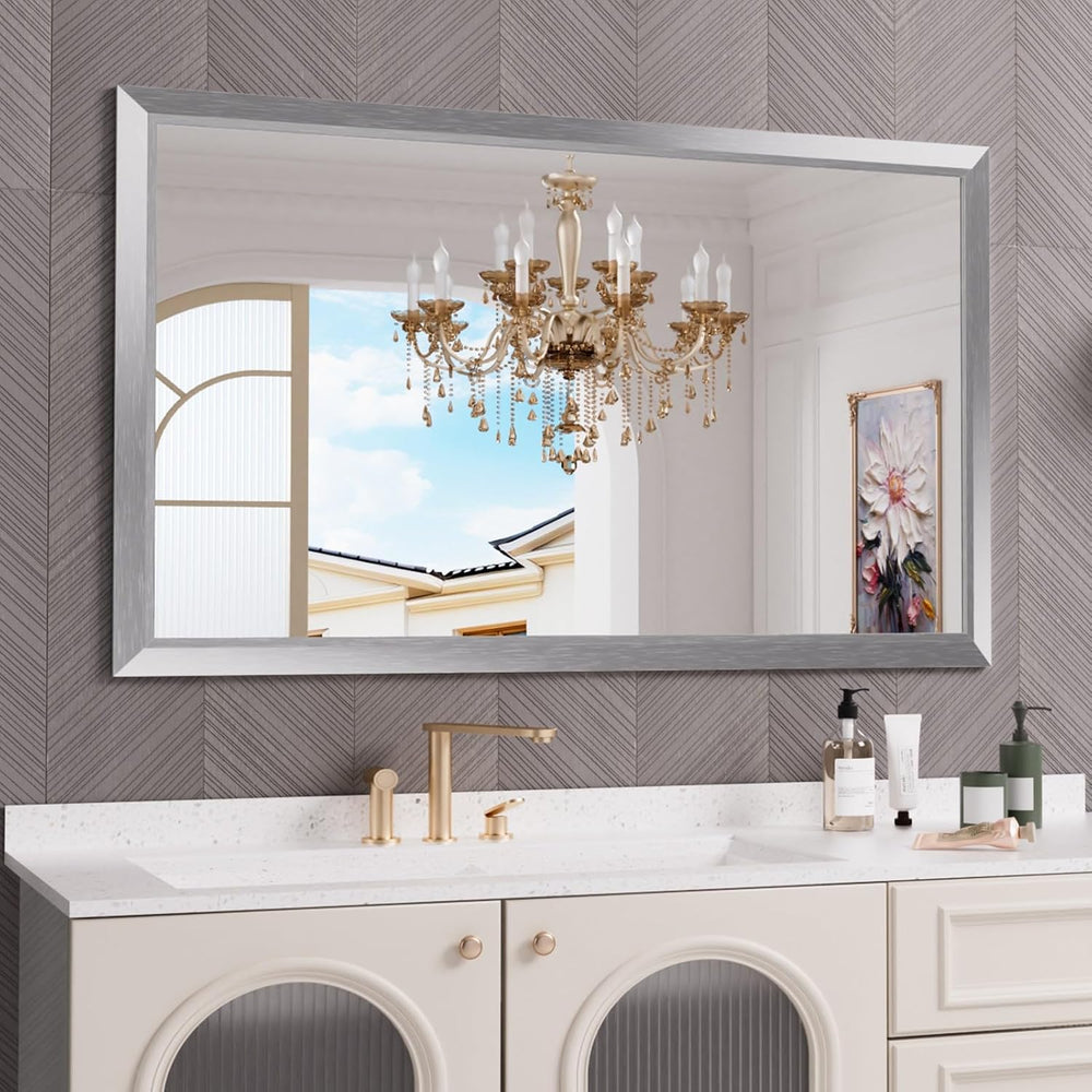 Amorho Bathroom Mirror for Wall 60x36 Inch, Brushed Silver Metal Framed
