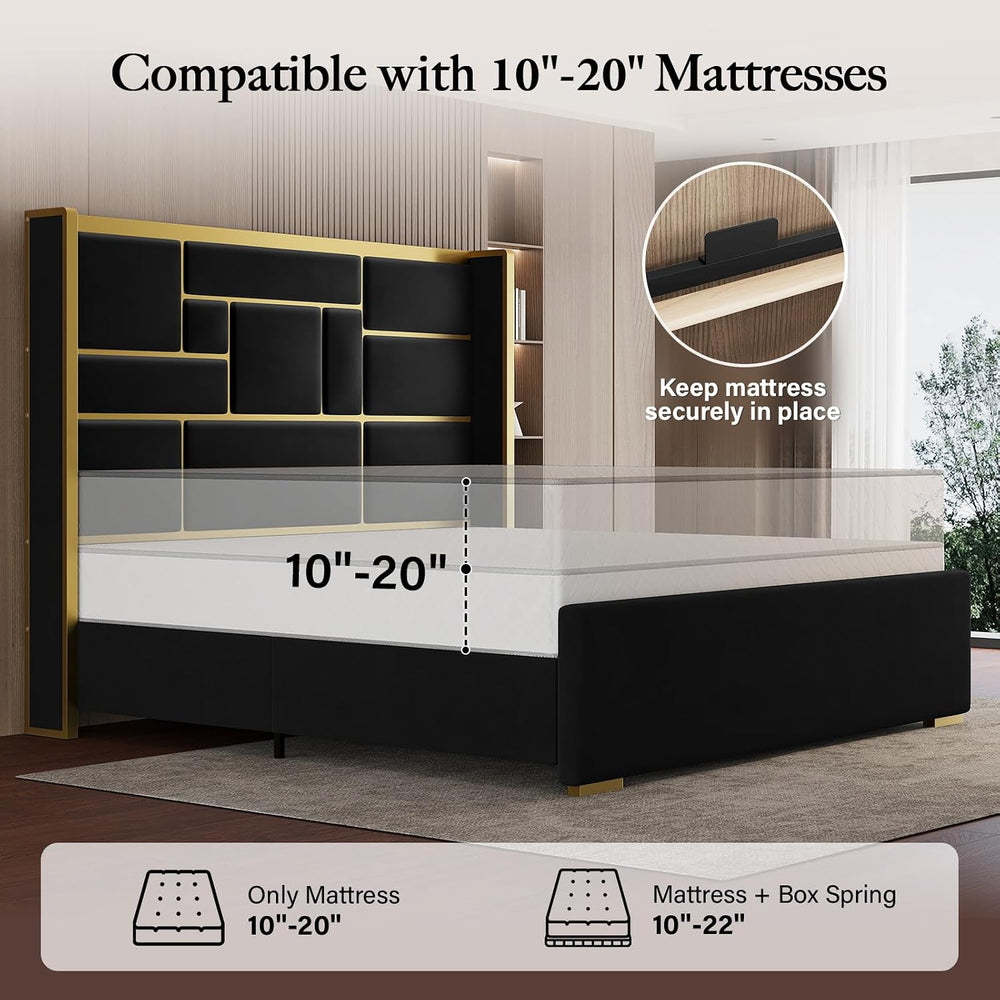 Queen Bed Frame with Gold Trim Headboard, Upholstered Bed, Black