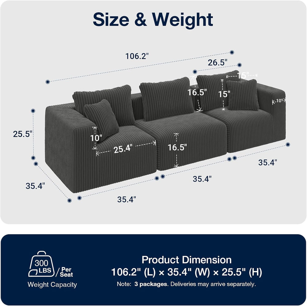 Avenco 106-inch 3-Seater Modular Sofa Couch, Corduroy Fabric
