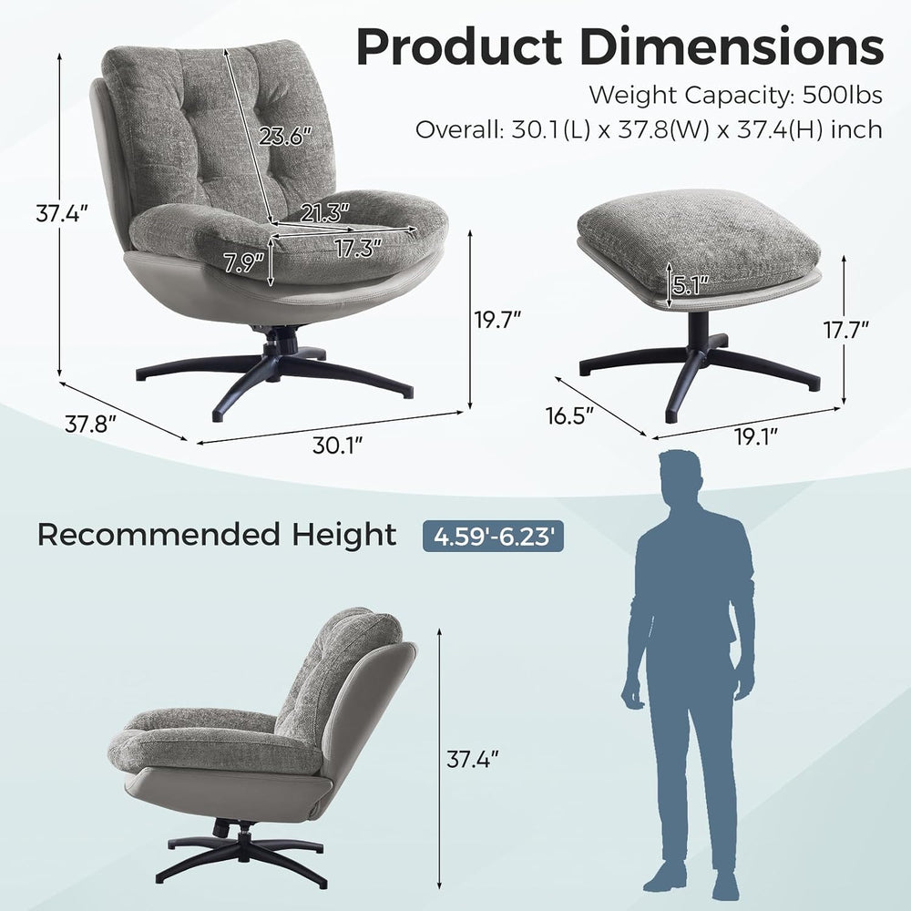 Chenille Rocking Swivel Accent Chair Set of 2 with Ottoman, 360° Oversized Me...