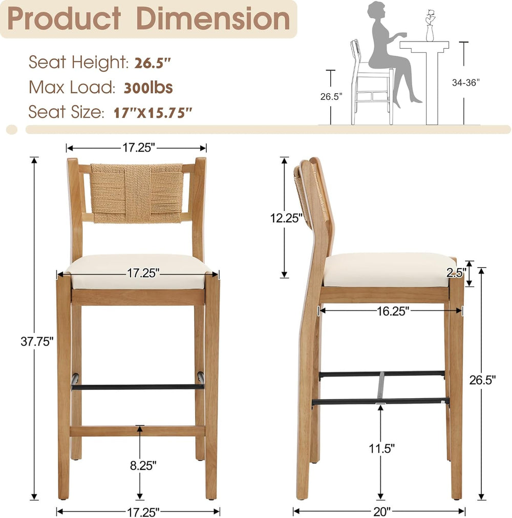 CIMOTA Rattan Counter Height Bar Stools Set of 2, 26" Farmhouse Barstool...