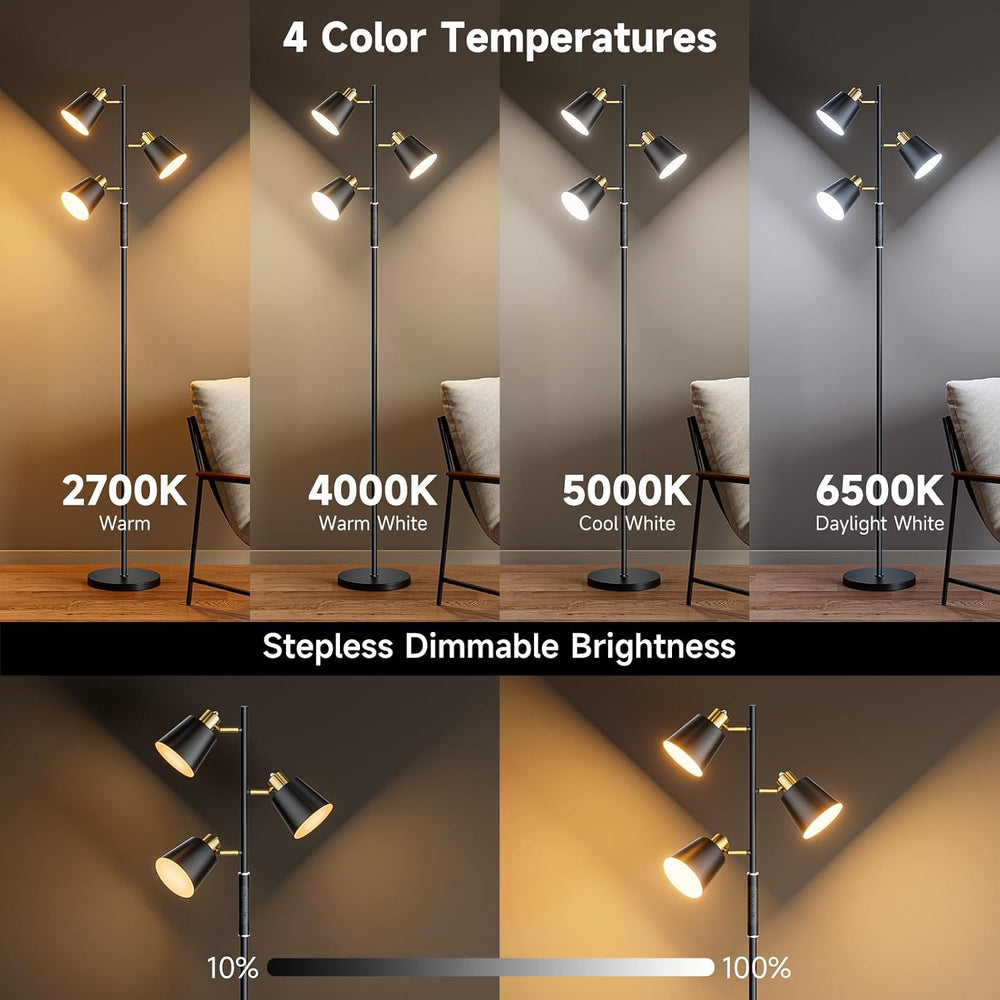 36W LED Tree Floor Lamp, 3 Rotatable Lights Standing Lamps for Living Room