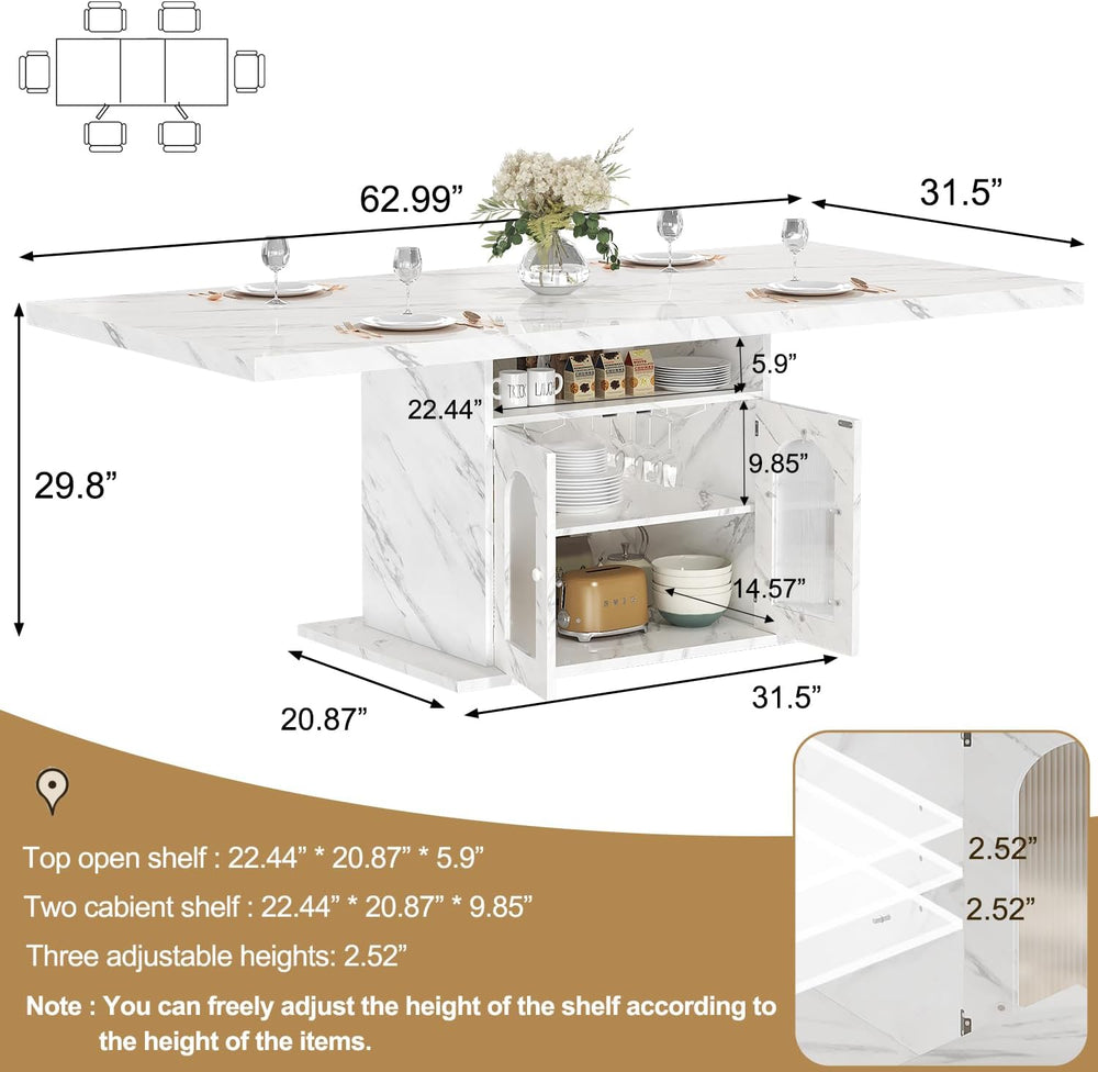 HSH 63" Modern White Faux Marble Dining Table for 6 with Storage Cabinet