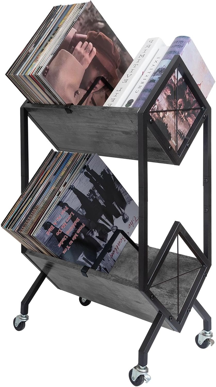 SwaaVee Vinyl Record Storage Holder with Wheels, 2-Tier Record Holder 160-200...