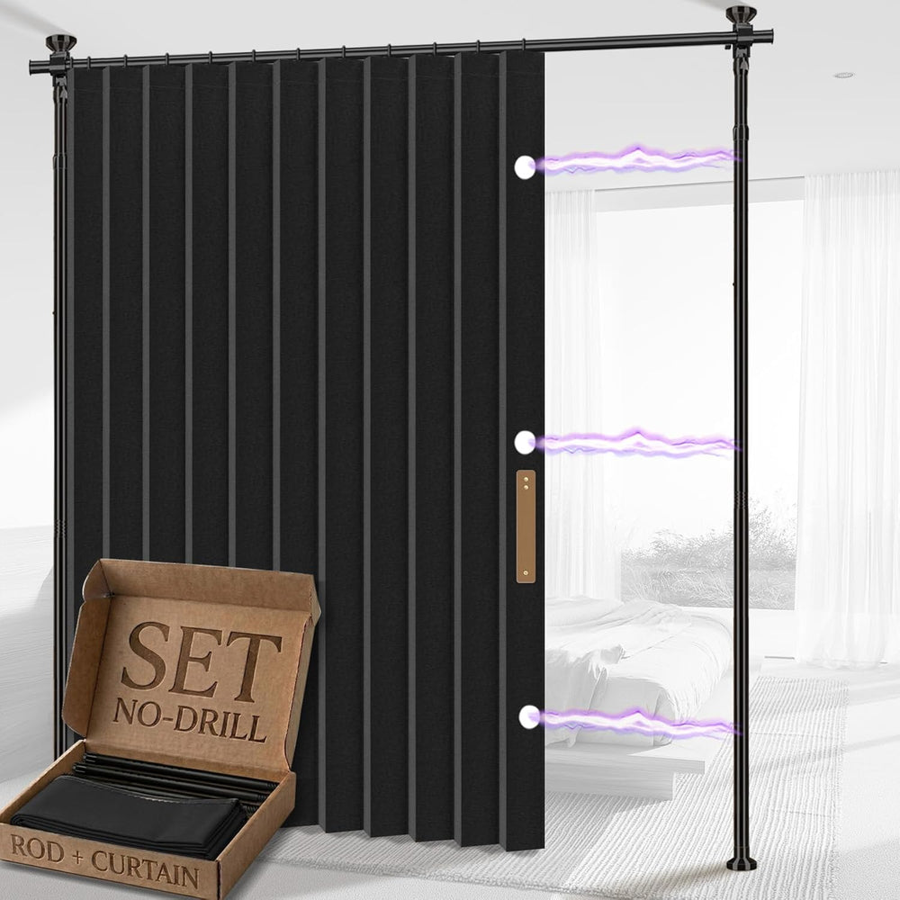 AJAZZ Room Divider Curtain (Black, W100 x L84 in, 1 Panel)+ Tension Curtain R...