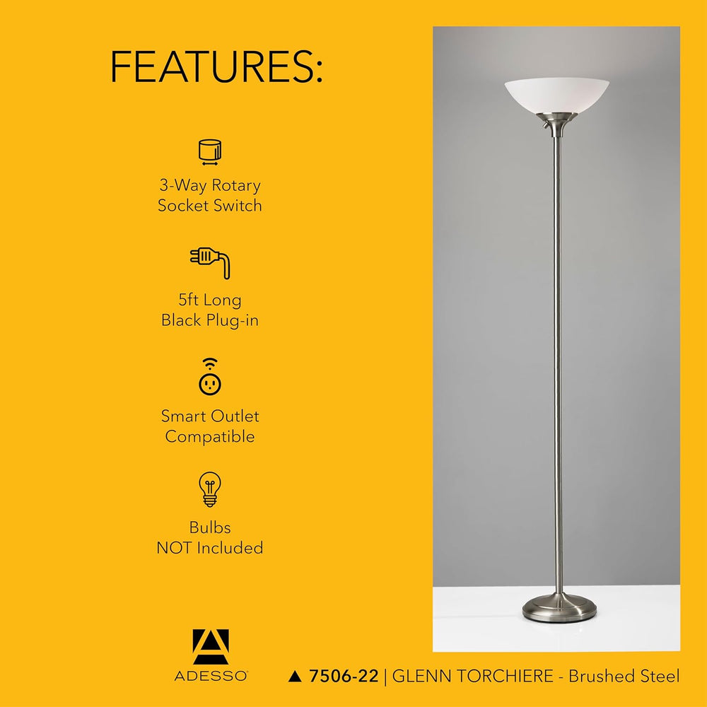 Adesso Dual-Socket Floor Lamp, Brushed Steel & White, 3-Way, 71”