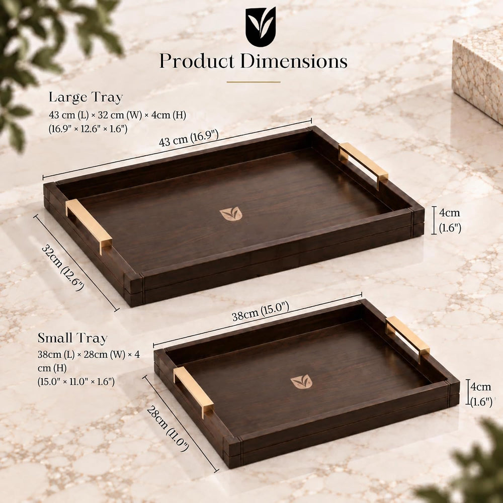 Acacia Wood Tray for Coffee Table, Set of 2 Ottoman Trays with Gold Handles