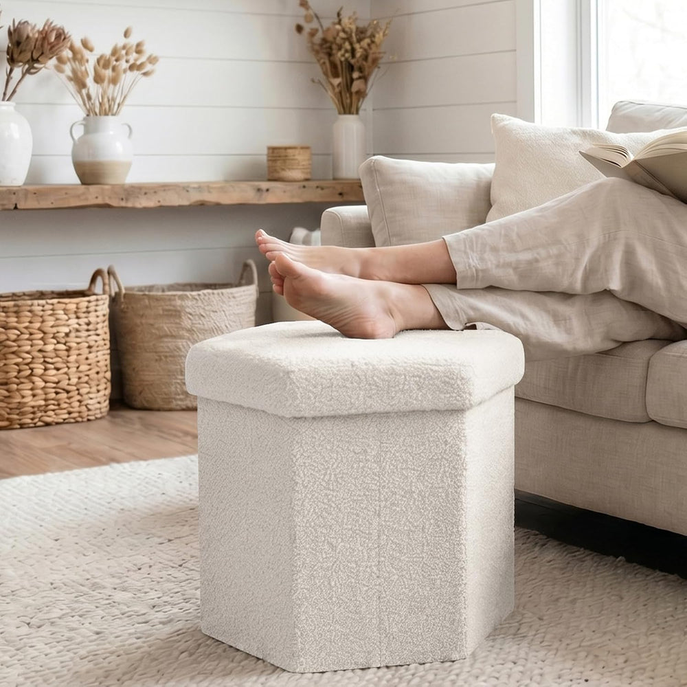 Hexagon Storage Ottoman, 15 Inch Foldable Footstool, Cream White