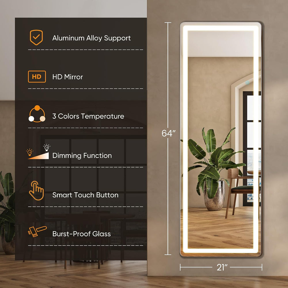 LED Rectangular Full Length Mirror, 64"L x 21"W Body Standing Mirror