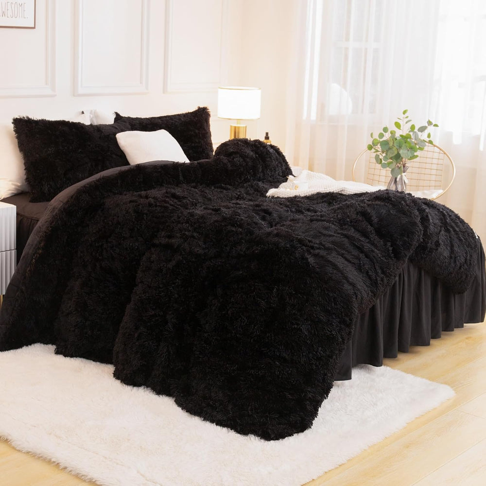 Andency King Size Comforter Set Black, Fluffy Faux Fur Warm Bedding Set