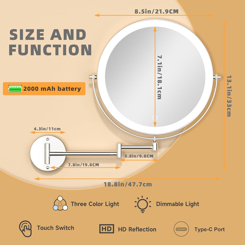 Wall Mounted Lighted Makeup Mirror with Extended Arm for Bathroom