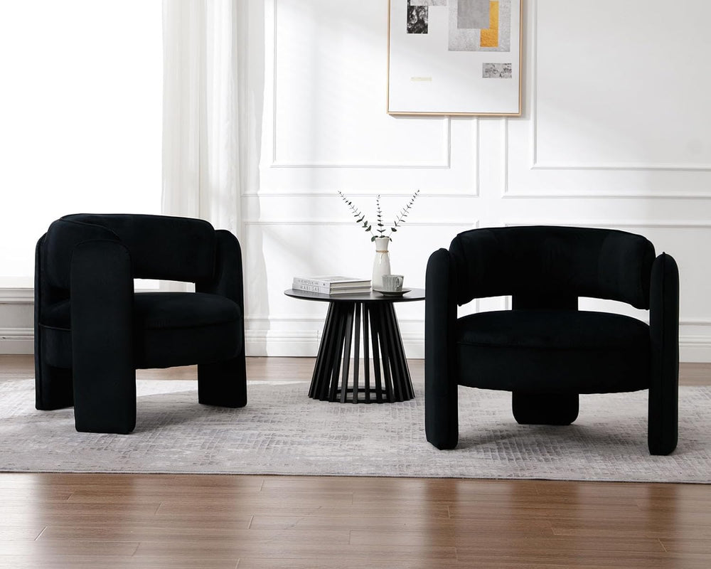 BESTANO Modern Barrel Accent Chair Set of 2, Black Velvet Upholstered Armchai...