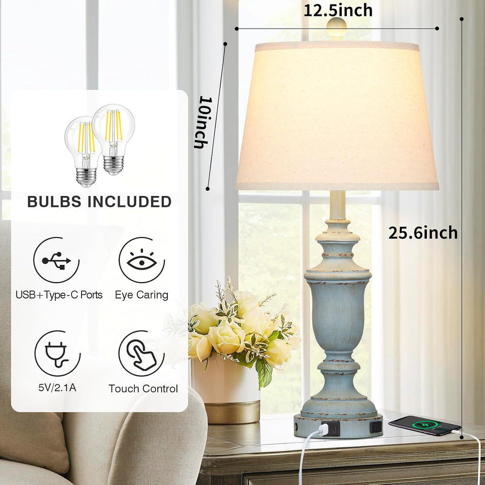 Cinkeda 25.6" Blue Table Lamps Set of 2 with USB C+A Ports & AC Outl...