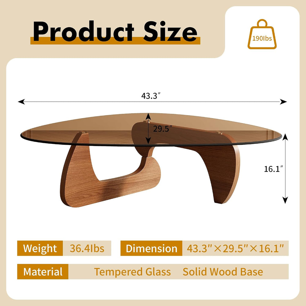 Mid Century Modern Triangle Coffee Table, Tempered Glass Top Solid Wood Base ...