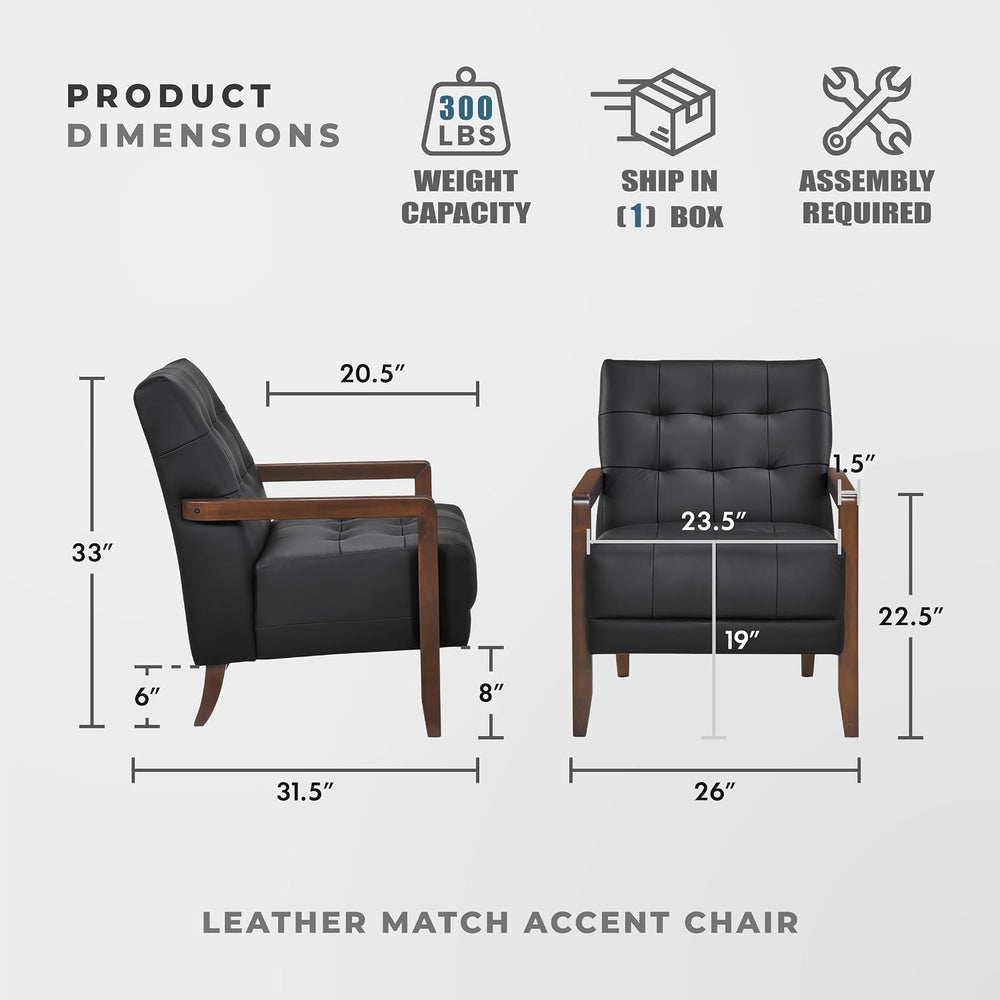Lexicon Modern Leather Match Accent Chair,Tufted, Solid Wood Arms,Black