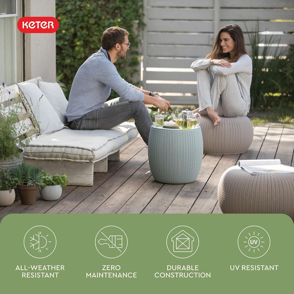 Keter Urban Knit Pouf Ottoman Set of 2 with Storage Table for Patio and Room ...