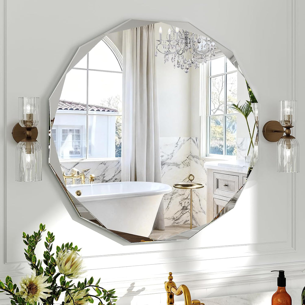 Krymnar 30x30 Inch Round Beveled Bathroom Mirror, Circle Frameless Copper-Fre...