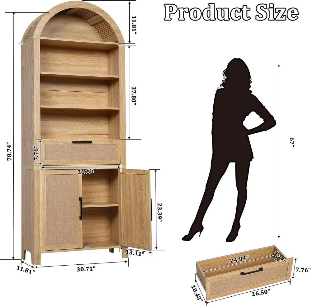 Janmer Home 79" Tall Arched Bookcase Cabinet with Doors, Natural,Rattan