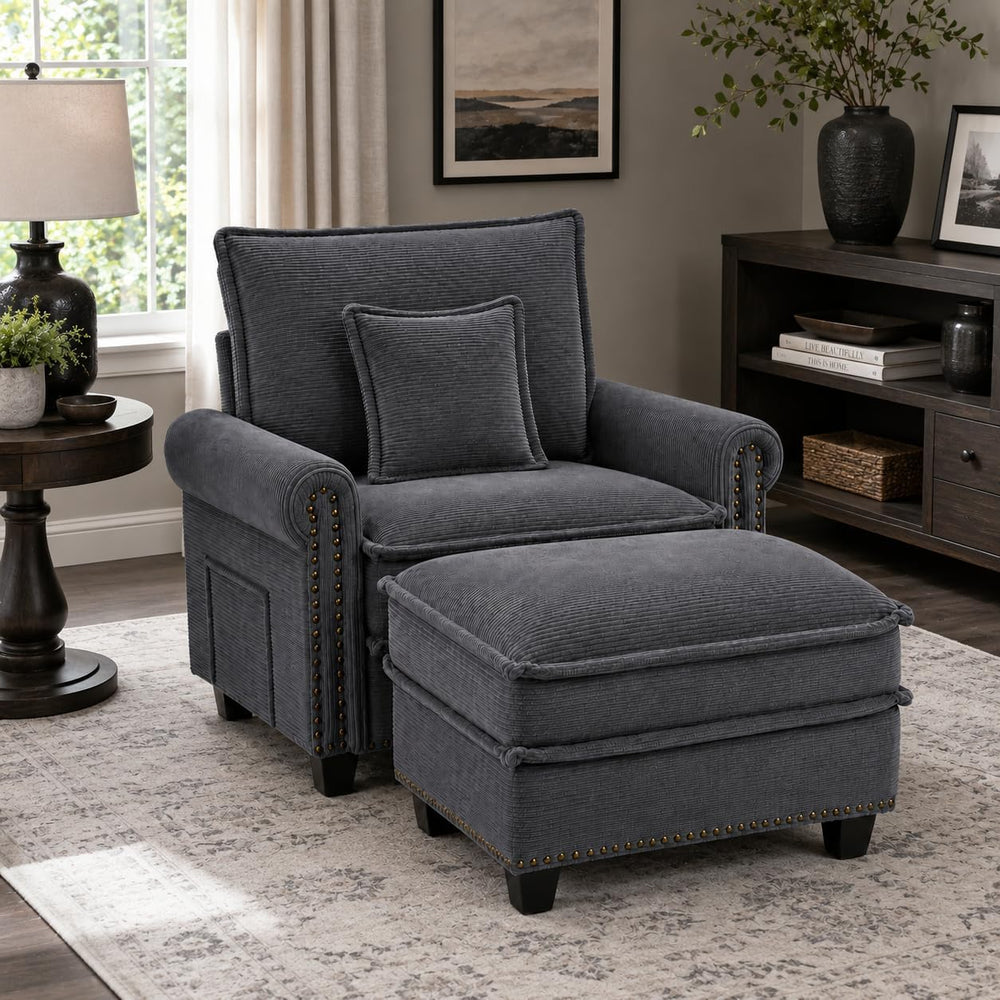 42-inch Nailhead Trim Sofa with Ottoman, Modern Corduroy Small Couch with Rol...
