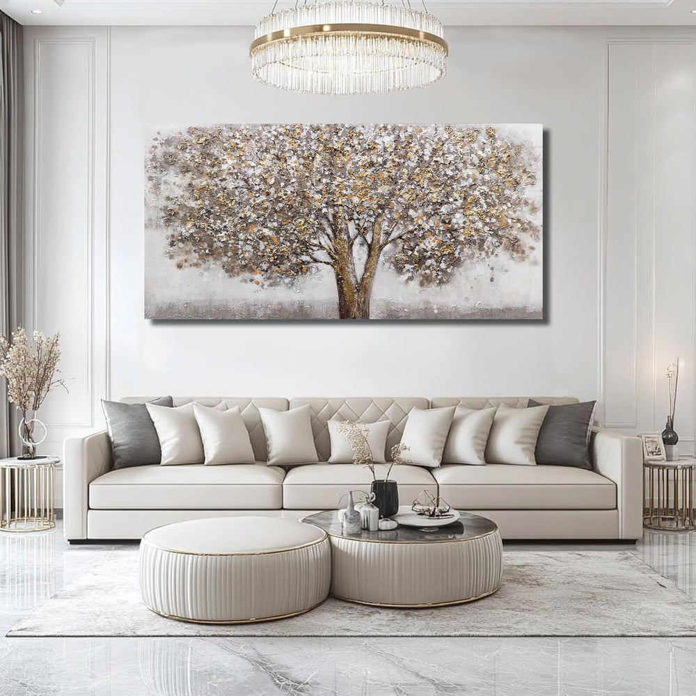 Large Framed Neutral Tree Landscape Wall Art for Living Room,29x58 In