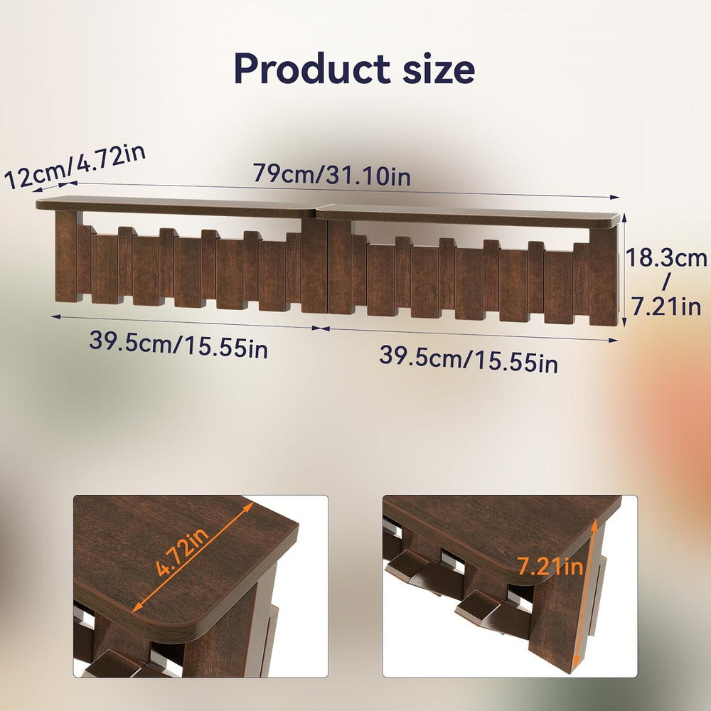 Piano Key Coat Rack Wall Mount with Shelf and 12 Hooks, Walnut HWS008H-2
