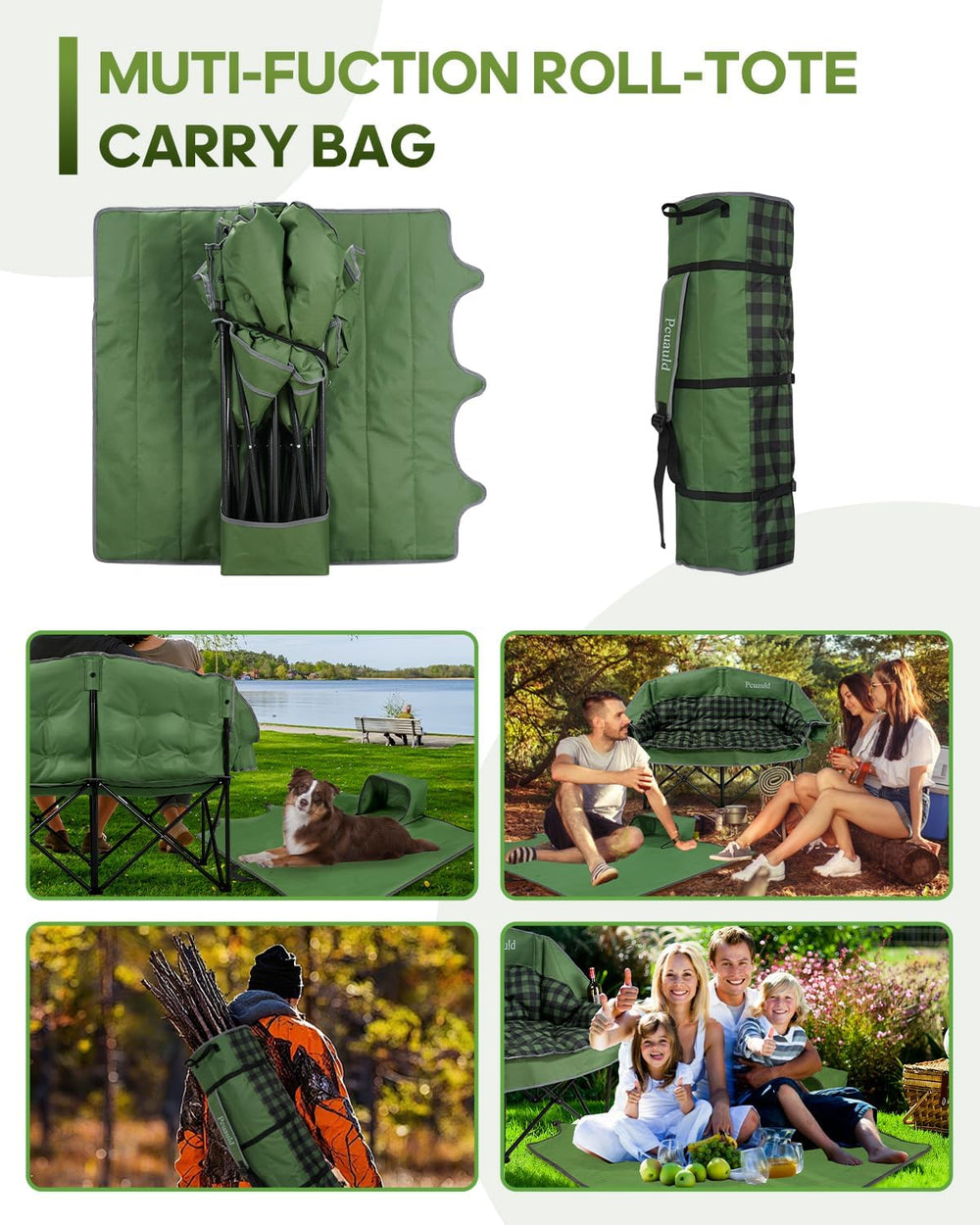 Padded Double Camping Chair Loveseat Oversized Camping Couch, Green